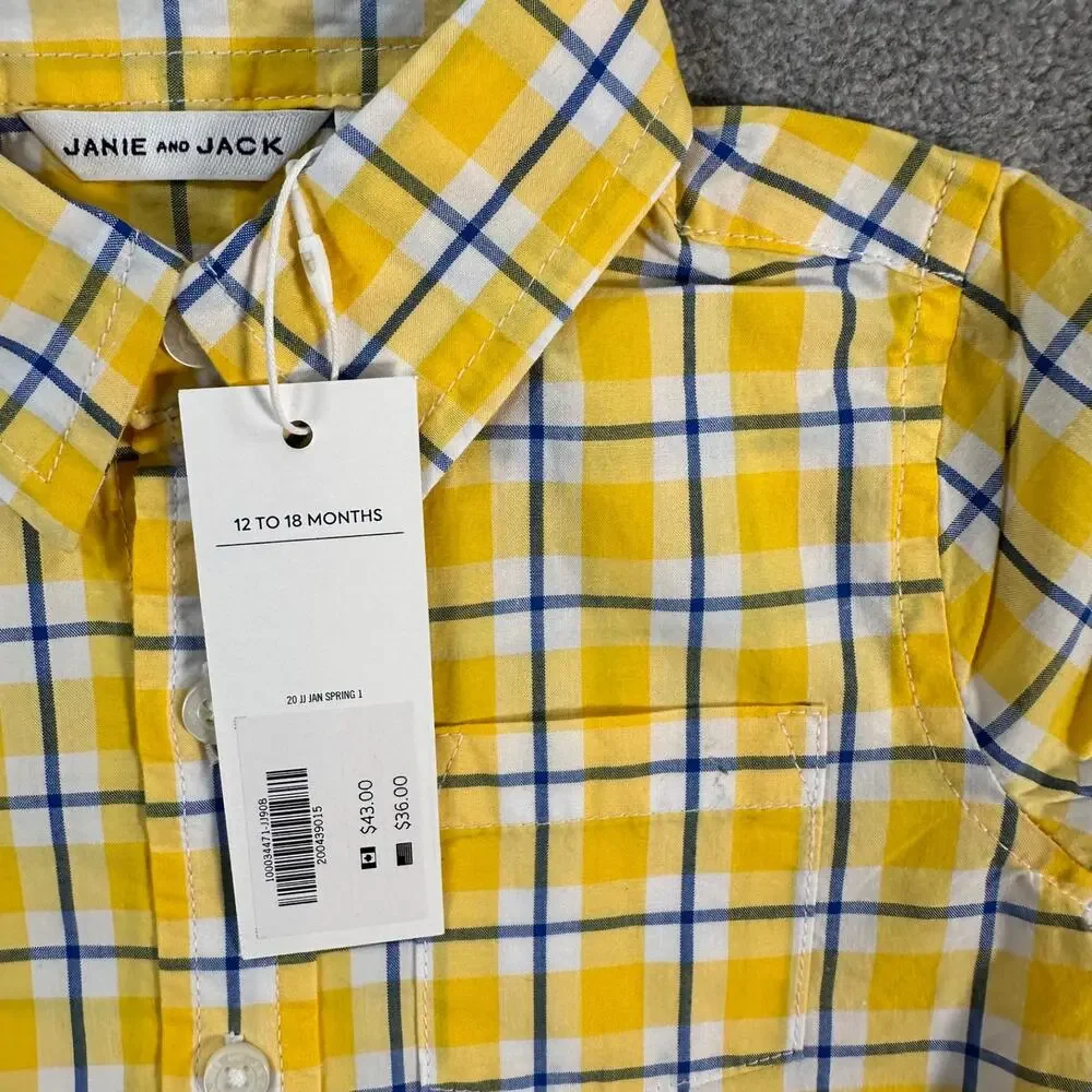 Janie and Jack Baby Boy 12-18 Months Button Down Shirt Yellow Plaid New